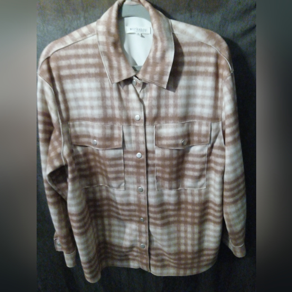 Workshop Republic Beige Flannel Faux Leather Suede Shacket sz S